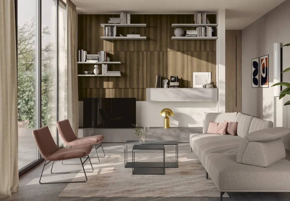 Parete attrezzata sospesa Compact con pannelli disponibile in 21 colorazioni