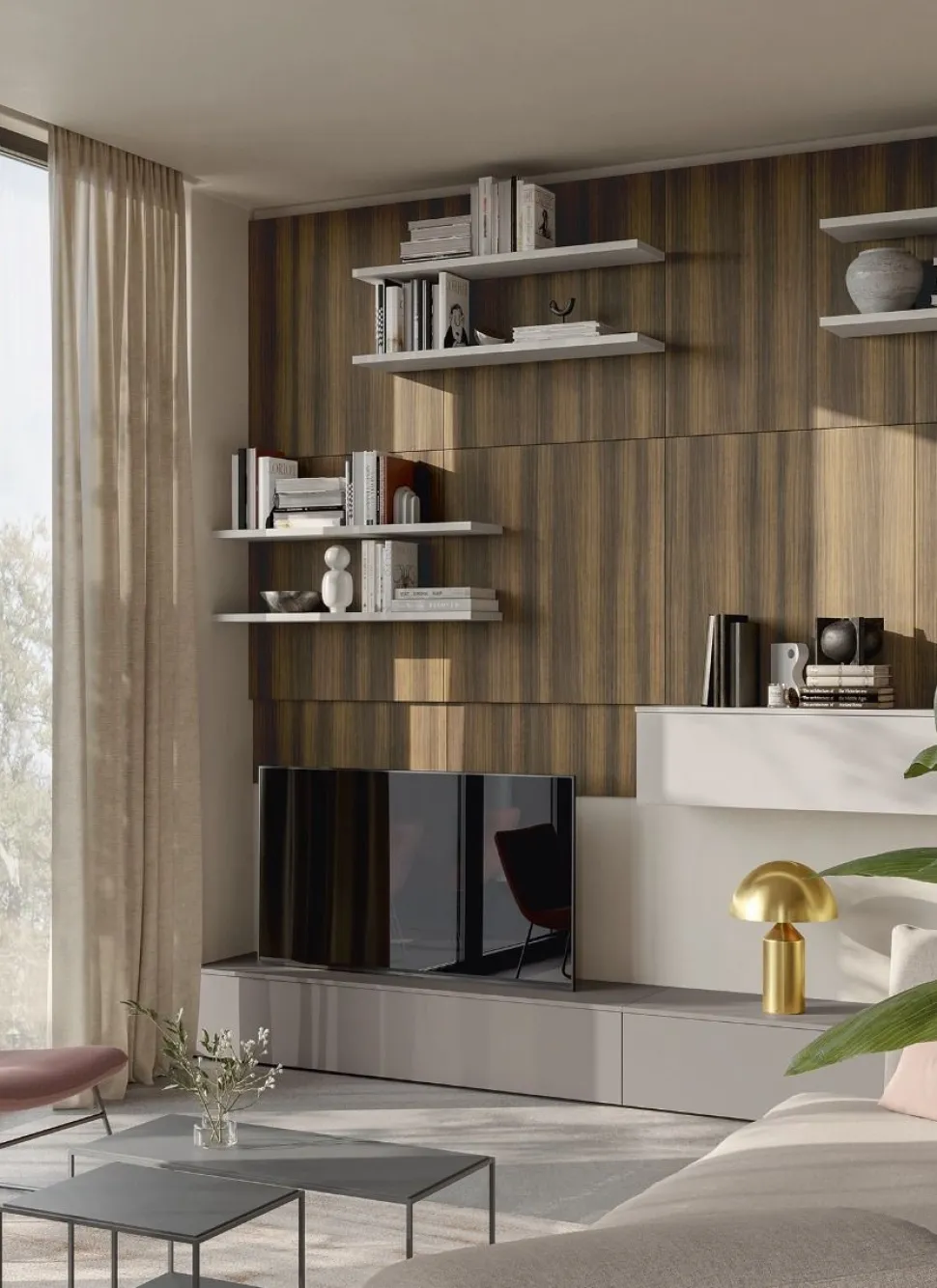 Parete attrezzata sospesa Compact con pannelli disponibile in 21 colorazioni