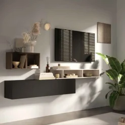Parete attrezzata sospesa Diletta linea Arte in finitura Lava , Cashmere e Rovere Mercure