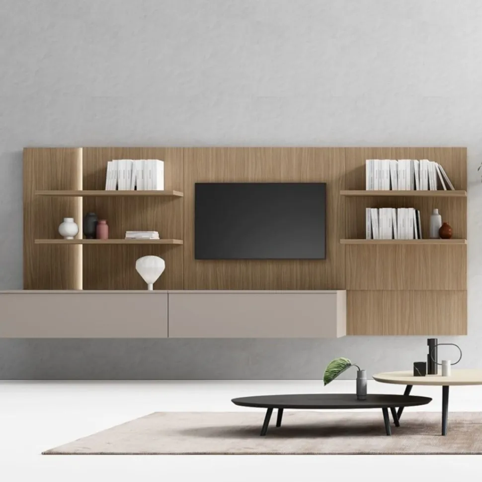 Parete attrezzata sospesa Dumas con pannello porta TV disponibile in vari colori