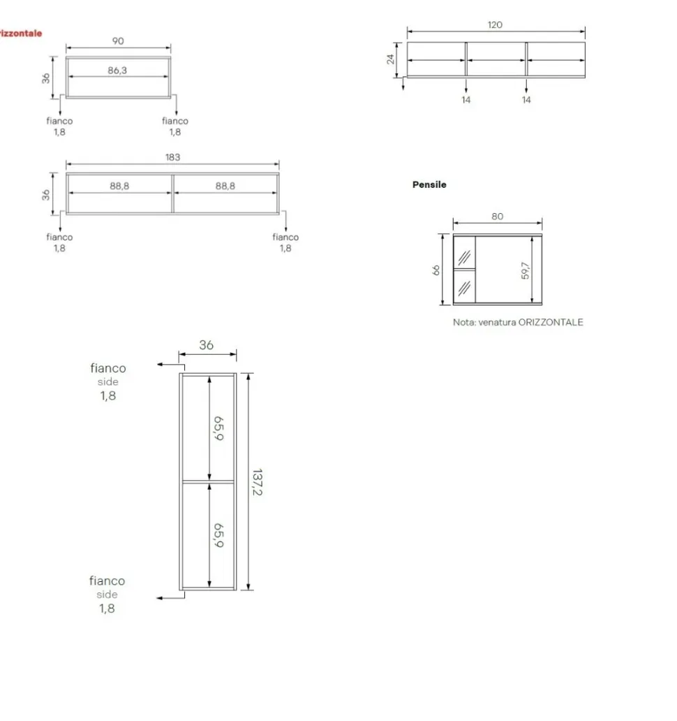 Parete attrezzata sospesa finitura Bianco Lucido moderna e componibile con cubo con inserto in vetro Paul disponibile in vari colori