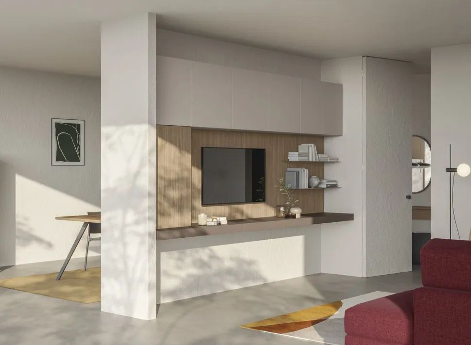 Parete attrezzata sospesa Lite con pannello Porta Tv disponibile in 21 colorazioni