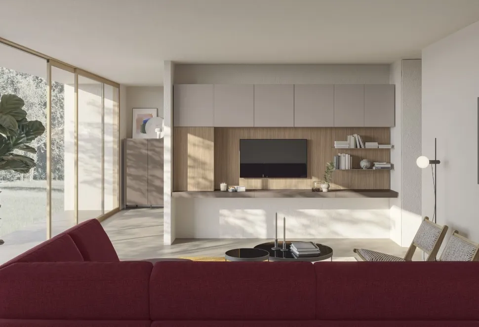 Parete attrezzata sospesa Lite con pannello Porta Tv disponibile in 21 colorazioni
