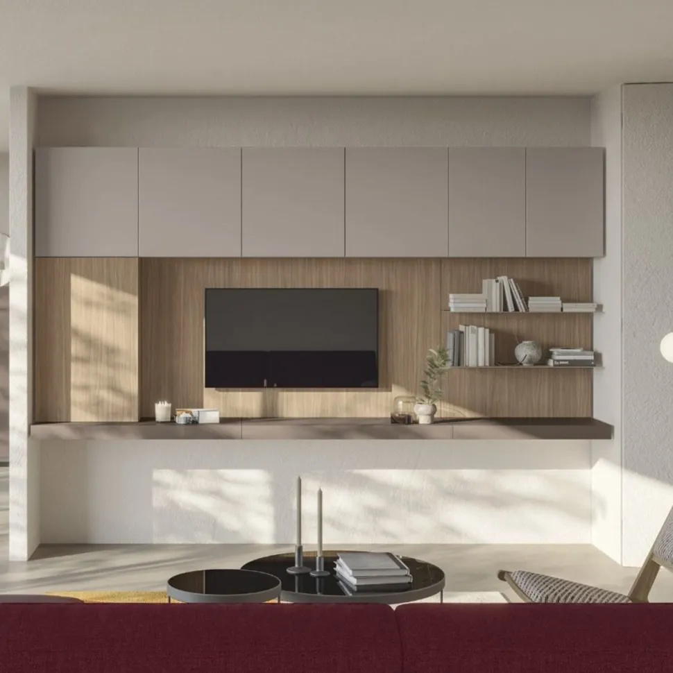Parete attrezzata sospesa Lite con pannello Porta Tv disponibile in 21 colorazioni
