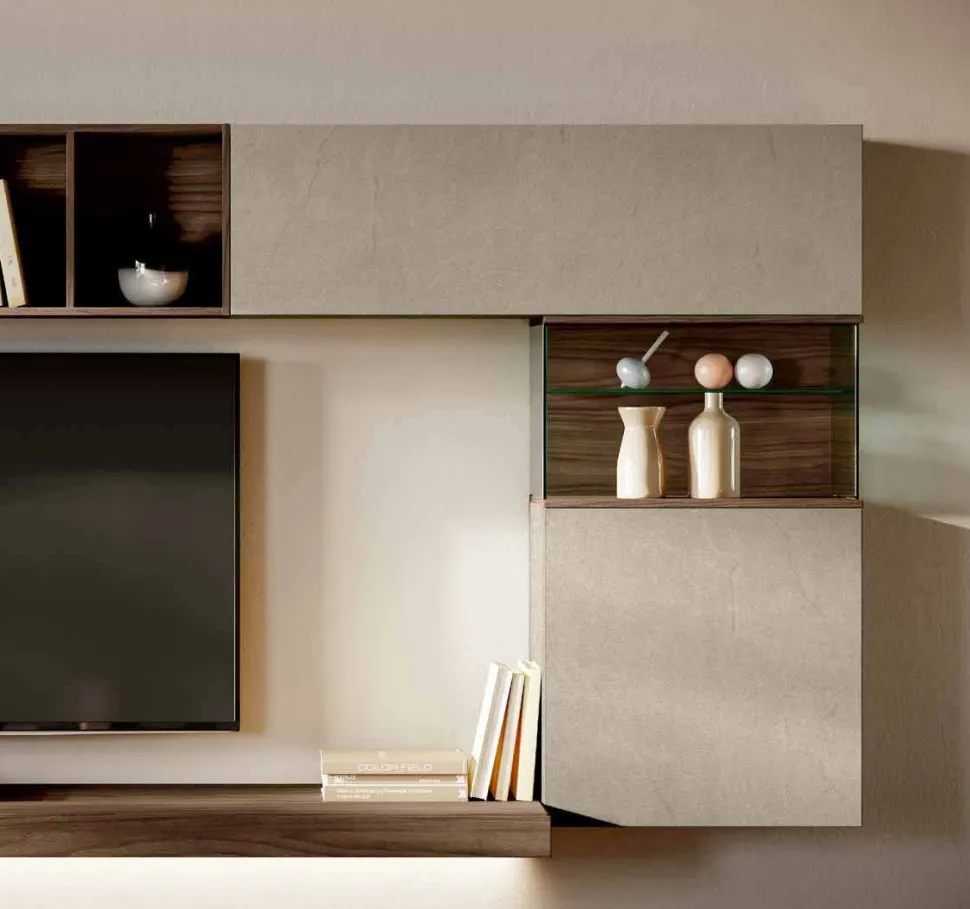 Parete attrezzata sospesa moderna con teca in vetro disponibile in vari colori