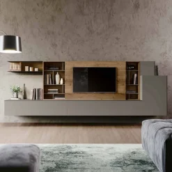 Parete attrezzata sospesa moderna doppia profondità con anta scorrevole porta tv disponibile in vari colori