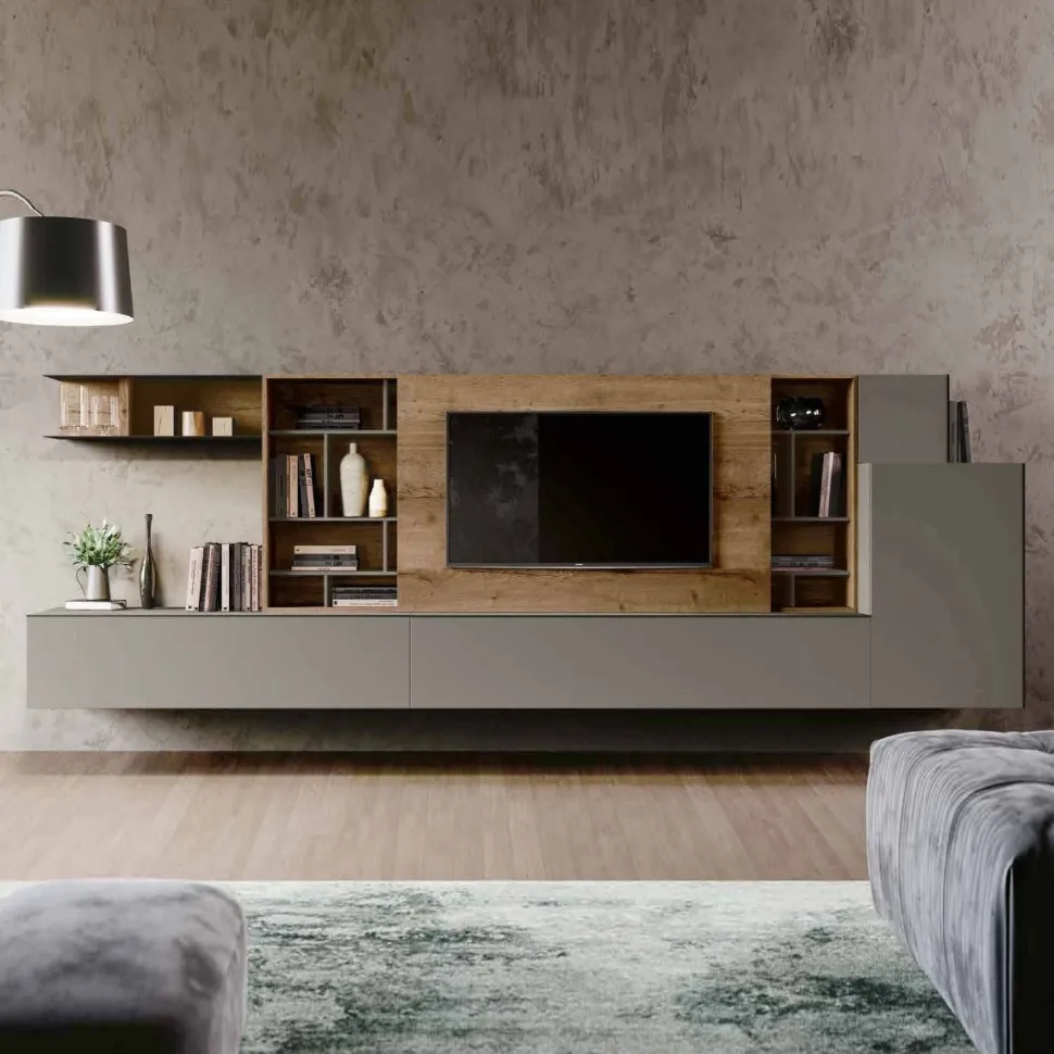 Parete attrezzata sospesa moderna doppia profondità con anta scorrevole porta tv disponibile in vari colori