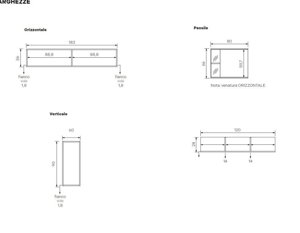 Parete attrezzata sospesa Noce Biondo e Oro moderna e componibile Brik disponibile in vari colori