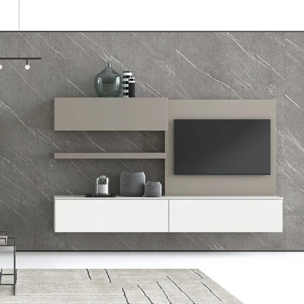 Parete attrezzata sospesa Slide con pannello porta TV disponibile in vari colori