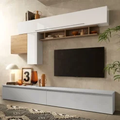 Parete attrezzata Trevis linea Arte in finitura Rovere Cadiz ,Gesso e Bianco lucido
