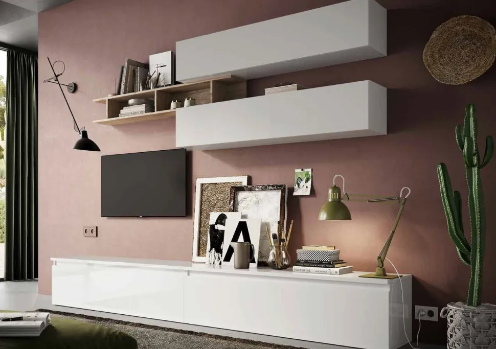 Parete attrezzata Vania linea Arte in finitura Bianco Lucido e Rovere Cadiz