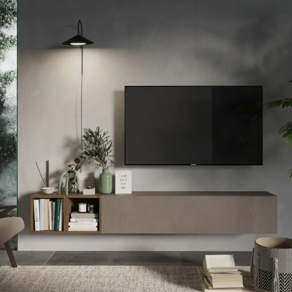 Parete attrezzata Yana linea Arte in finitura Rovere Mercure e Argilla
