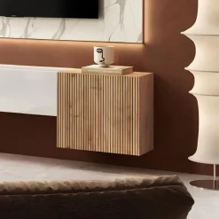 Pensile cubo sospeso moderno con frontale cannettato in Rovere scuro o chiaro
