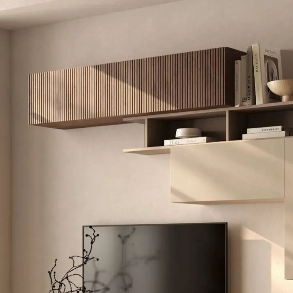 Pensile orizzontale sospeso moderno con frontale cannettato in Rovere scuro o chiaro