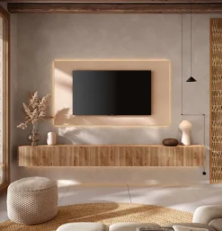 Pensile orizzontale sospeso moderno con frontale cannettato in Rovere scuro o chiaro