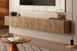 Pensile orizzontale sospeso moderno con frontale cannettato in Rovere scuro o chiaro