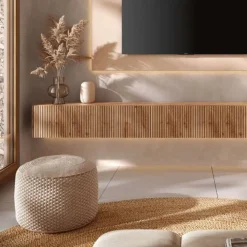 Pensile orizzontale sospeso moderno con frontale cannettato in Rovere scuro o chiaro