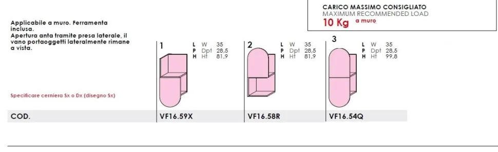 Pensile sospeso moderno con 1 o 2 ante disponibile in 13 colori
