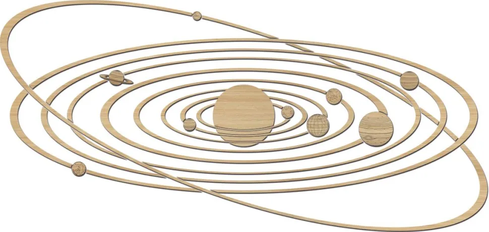 Planetario in legno traforato, finitura legno chiaro