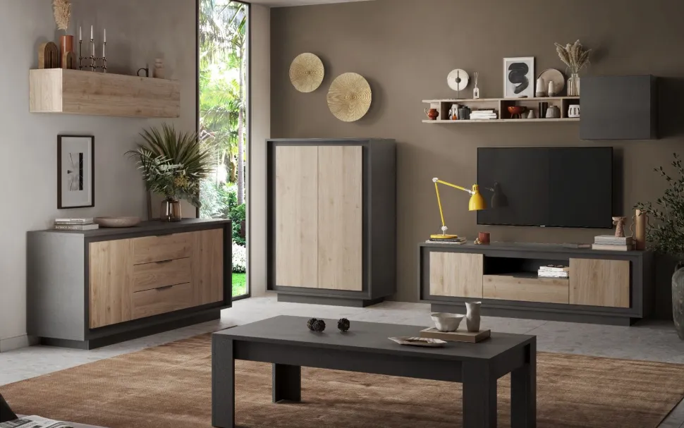 Porta Tv 2 ante battenti e 1 cassetto linea Natural in finitura Lava e Rovere Cadiz