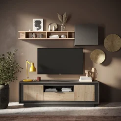 Porta Tv 2 ante battenti e 1 cassetto linea Natural in finitura Lava e Rovere Cadiz