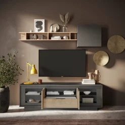 Porta Tv 2 ante battenti e 1 cassetto linea Natural in finitura Lava e Rovere Cadiz
