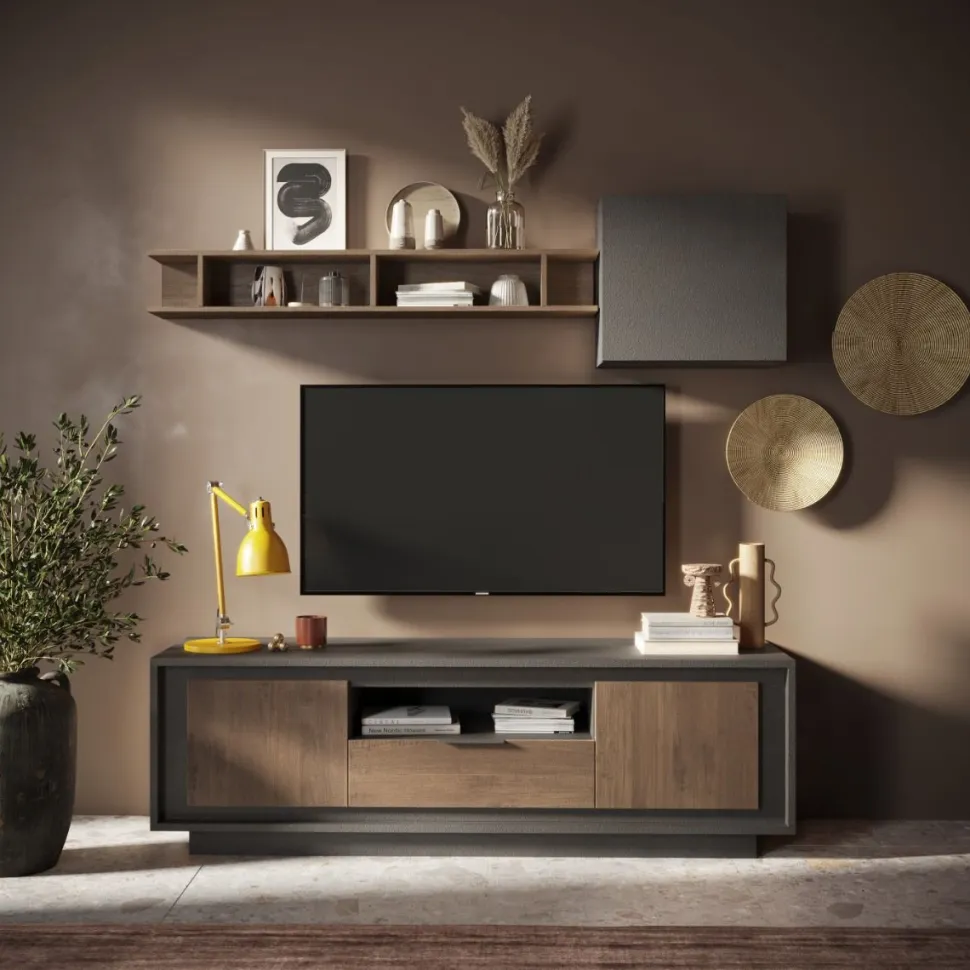 Porta Tv 2 ante battenti e 1 cassetto linea Natural in finitura Lava e Rovere Mercure