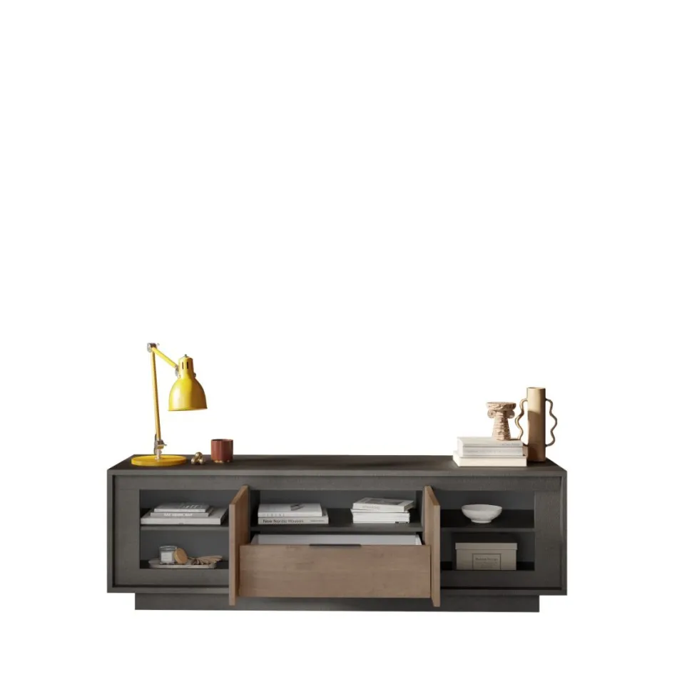 Porta Tv 2 ante battenti e 1 cassetto linea Natural in finitura Lava e Rovere Mercure