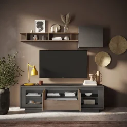 Porta Tv 2 ante battenti e 1 cassetto linea Natural in finitura Lava e Rovere Mercure