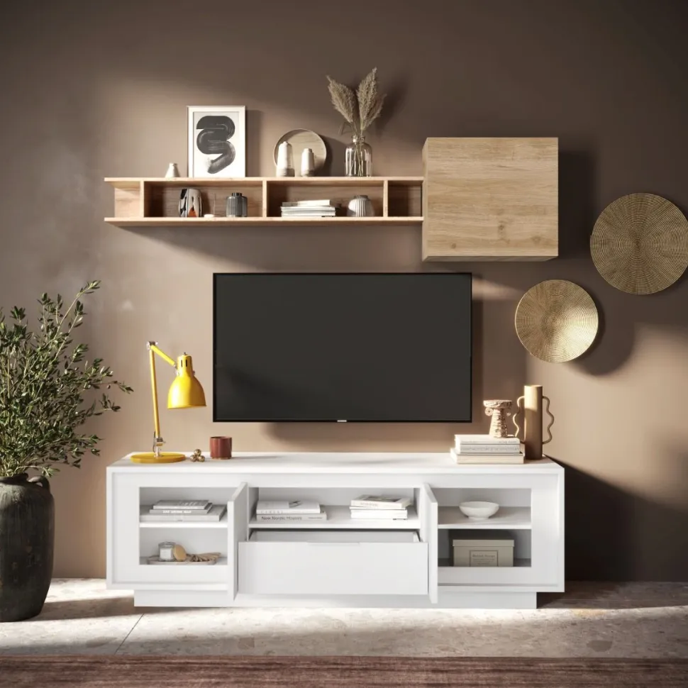 Porta Tv 2 ante battenti e 1 cassetto linea Pure in finitura Bianco laccato opaco