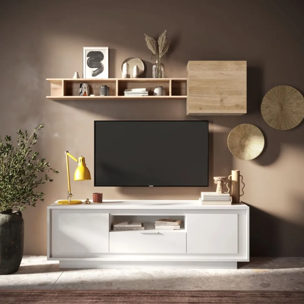 Porta Tv 2 ante battenti e 1 cassetto linea Pure in finitura Bianco laccato opaco