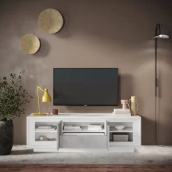 Porta Tv 2 ante battenti e 1 cassetto in bianco laccato opaco e pannelli effetto beton linea Beton
