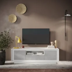Porta Tv 2 ante battenti e 1 cassetto in bianco laccato opaco e pannelli effetto beton linea Beton