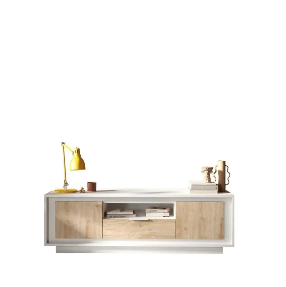 Porta Tv 2 ante battenti e 1 cassetto linea Pear in finitura Bianco opaco e Rovere Cadiz