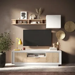 Porta Tv 2 ante battenti e 1 cassetto linea Pear in finitura Bianco opaco e Rovere Cadiz