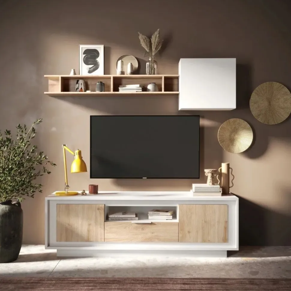 Porta Tv 2 ante battenti e 1 cassetto linea Pear in finitura Bianco opaco e Rovere Cadiz