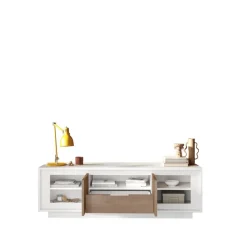 Porta Tv 2 ante battenti e 1 cassetto linea Pear in finitura Bianco opaco e Rovere Mercure