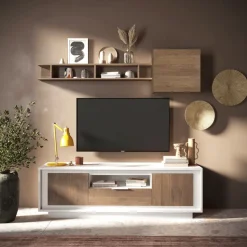Porta Tv 2 ante battenti e 1 cassetto linea Pear in finitura Bianco opaco e Rovere Mercure