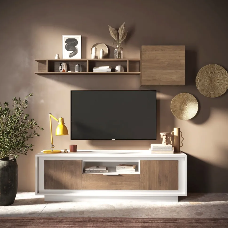Porta Tv 2 ante battenti e 1 cassetto linea Pear in finitura Bianco opaco e Rovere Mercure