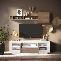 Porta Tv 2 ante battenti e 1 cassetto linea Pear in finitura Bianco opaco e Rovere Mercure