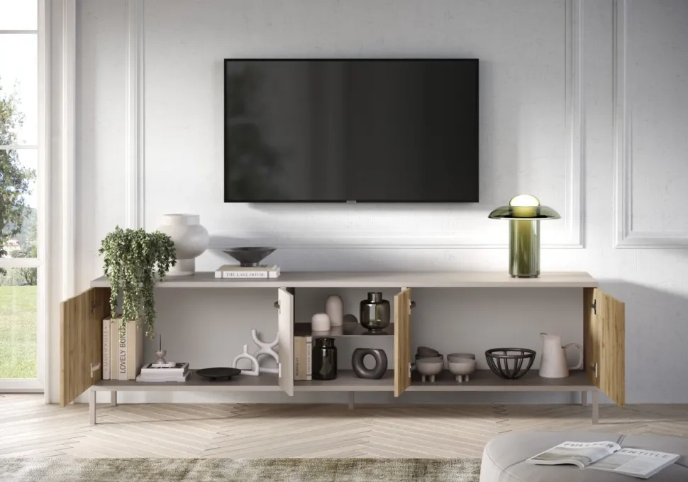 Porta Tv 4 ante battenti senza maniglie con vano a giorno Linea Dalì