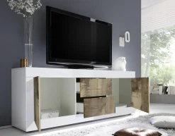 Porta TV 2 ante e 2 cassetti linea Basic colore Bianco laccato lucido e Pero