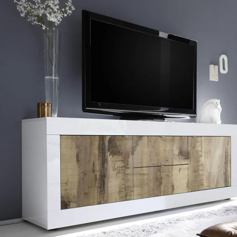Porta TV 2 ante e 2 cassetti linea Basic colore Bianco laccato lucido e Pero