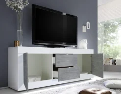 Porta TV 2 ante e 2 cassetti linea Basic colore Bianco laccato lucido e Beton