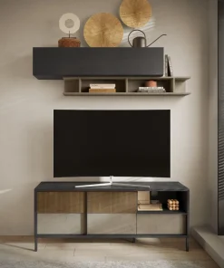 Porta Tv 2 ante e 1 cassetto L 156 con serigrafia linea Sierra finitura Lava, Argilla e Rovere Mercure