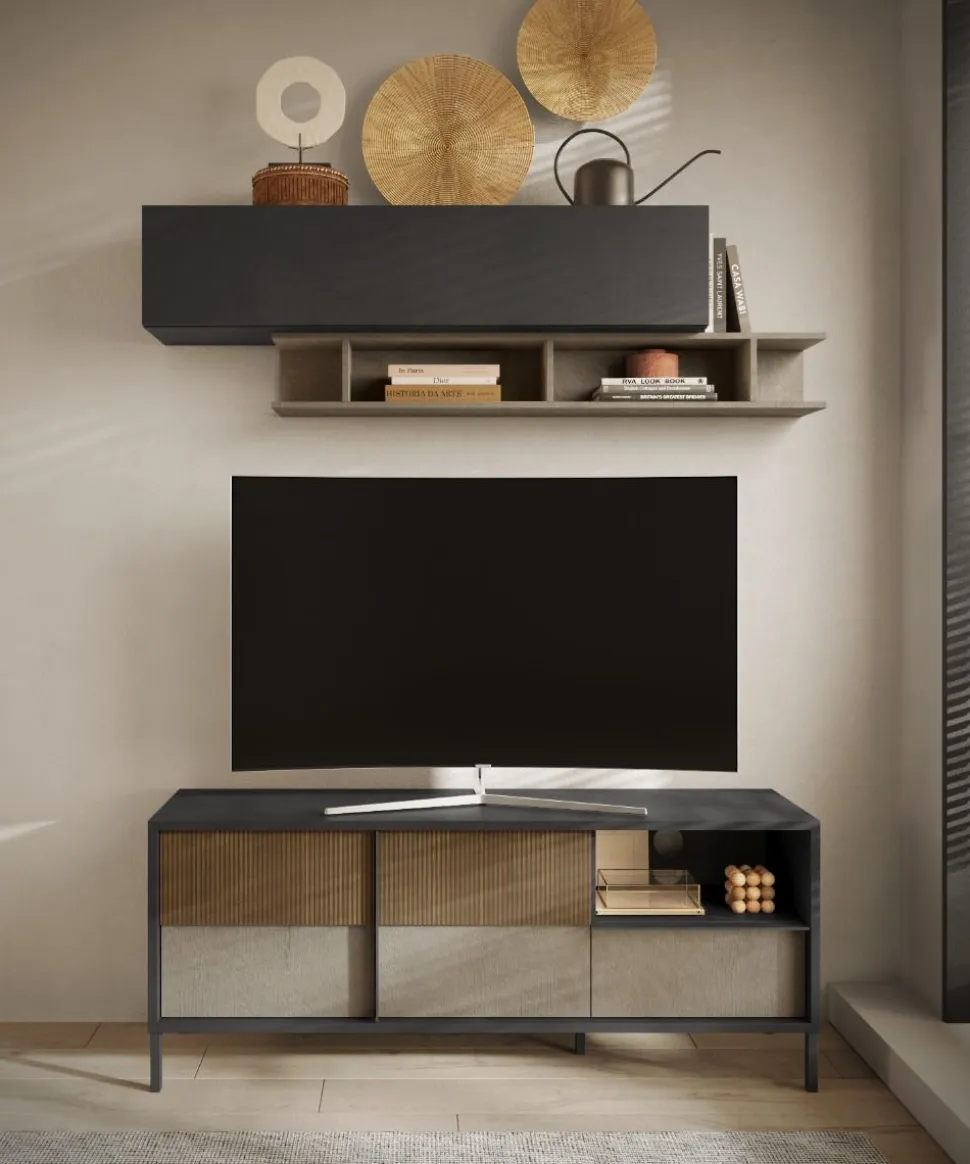 Porta Tv 2 ante e 1 cassetto L 156 con serigrafia linea Sierra finitura Lava, Argilla e Rovere Mercure