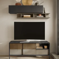 Porta Tv 2 ante e 1 cassetto L 156 con serigrafia linea Sierra finitura Lava, Argilla e Rovere Mercure