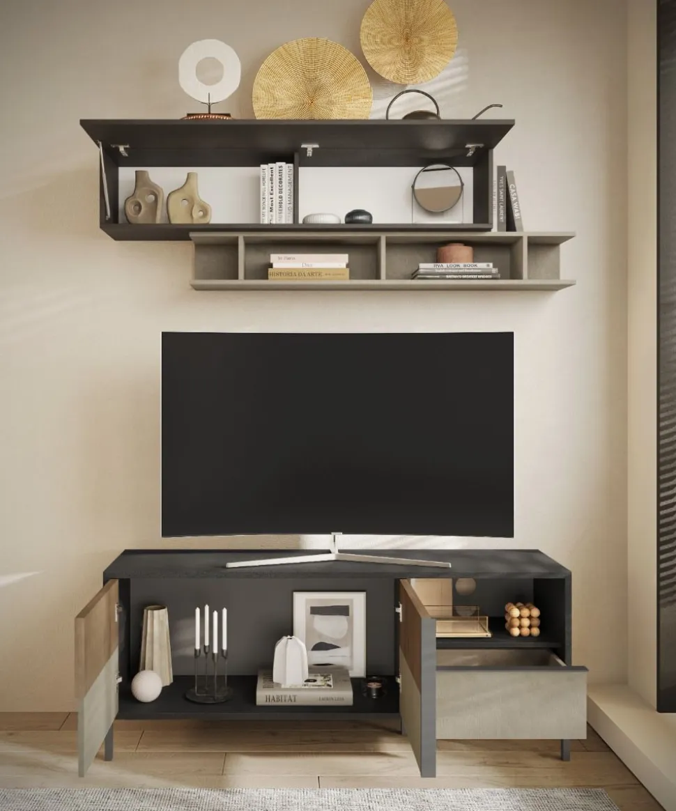 Porta Tv 2 ante e 1 cassetto L 156 con serigrafia linea Sierra finitura Lava, Argilla e Rovere Mercure