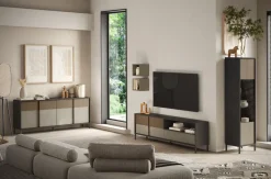 Porta Tv 2 ante e 1 cassetto L 206 con serigrafia linea Sierra finitura Lava, Argilla e Rovere Mercure