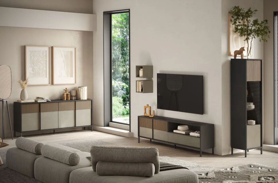 Porta Tv 2 ante e 1 cassetto L 206 con serigrafia linea Sierra finitura Lava, Argilla e Rovere Mercure